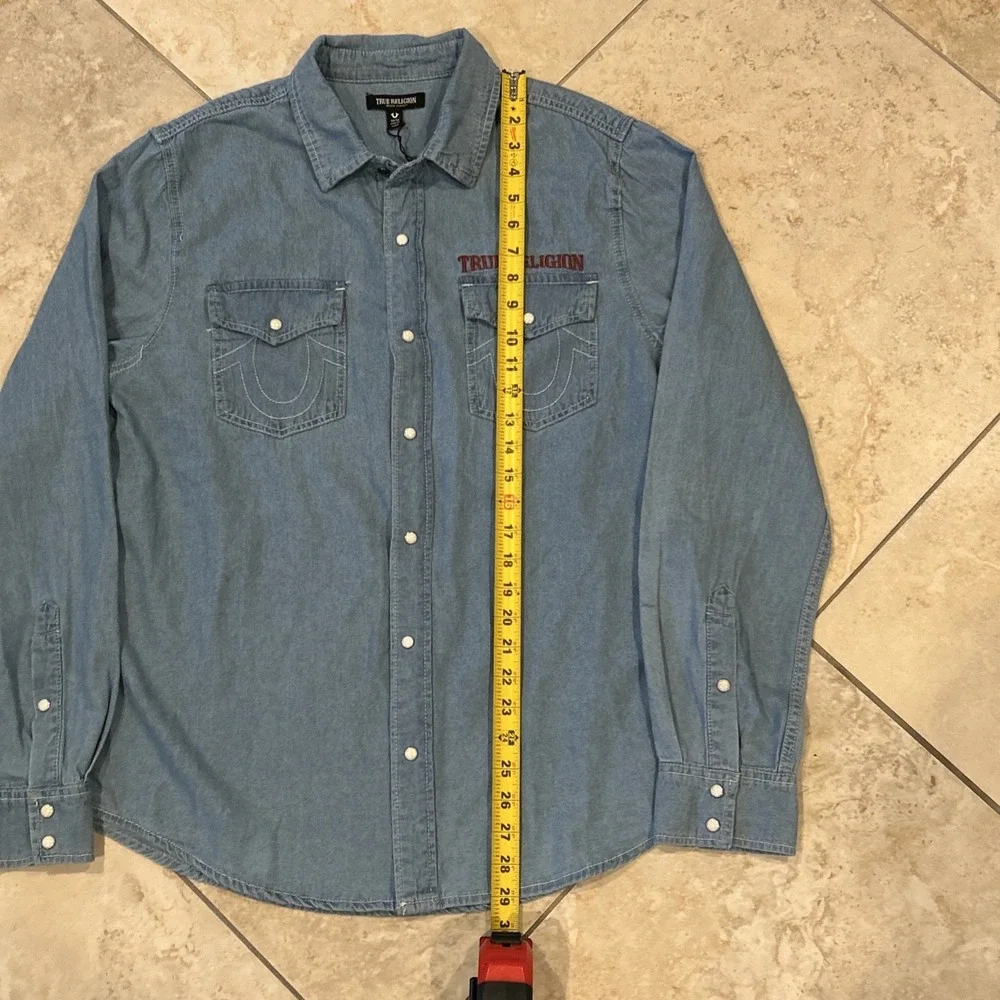 True Religion HS Chambray Long Sleeve Shirt Men M Blue Light Blissful Pearl Snap